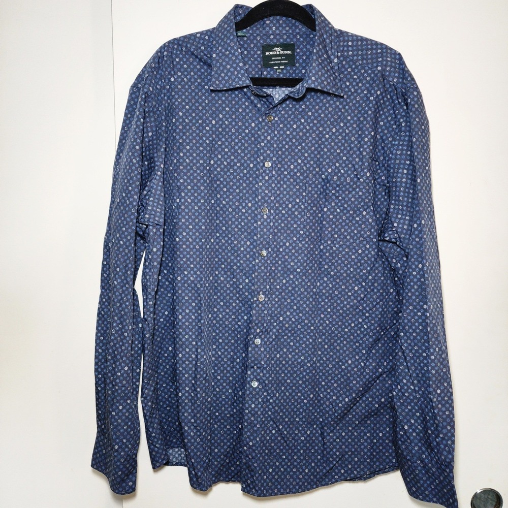 Rodd & Gunn Button Down Mens 2XL Blue Excellent Floral Medallion Cotton Shirt